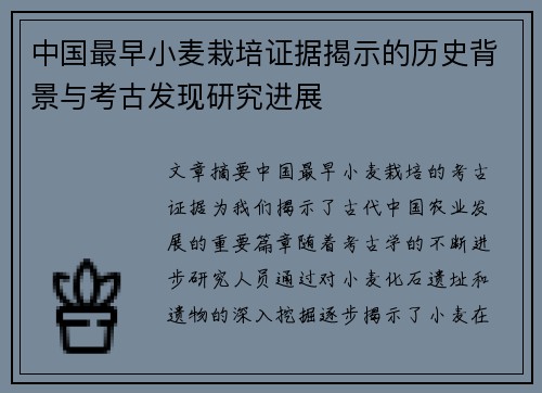 中国最早小麦栽培证据揭示的历史背景与考古发现研究进展