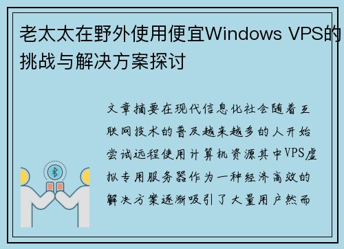 老太太在野外使用便宜Windows VPS的挑战与解决方案探讨